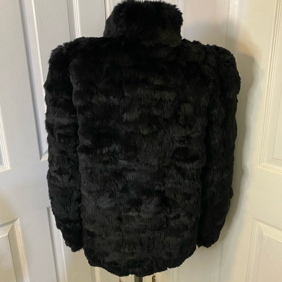 VINTAGE Black Rabbit Fur Coat Mid Length Below Waist High Collar - Picture 4 of 8